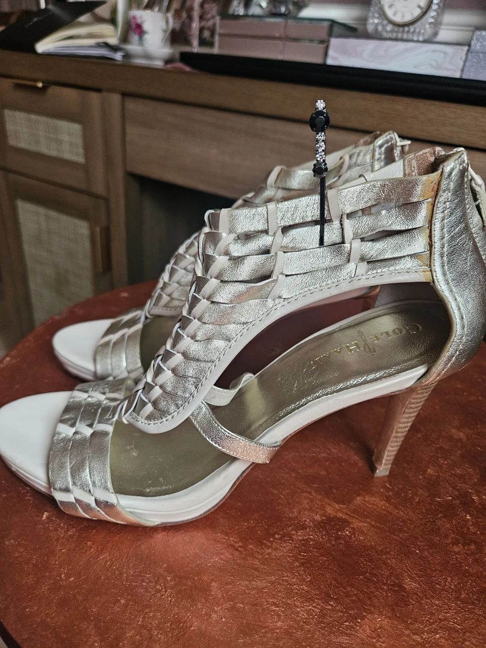 Cole Haan Silver Braided Leather High-Heel Sandals Size 10 Nikeair Comfartable